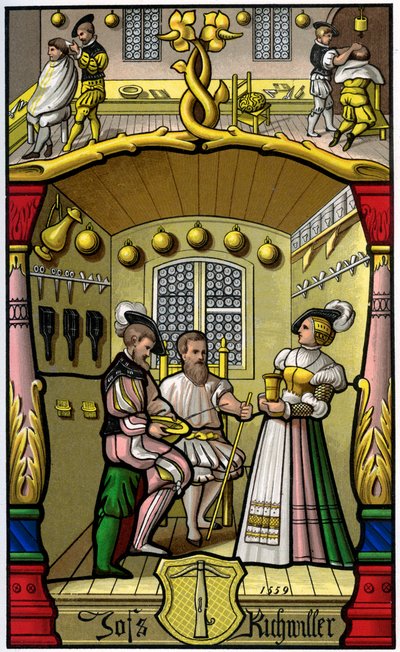 Borbély és parókakészítő, 1849. XVI. század. alkotó: H. Moulin