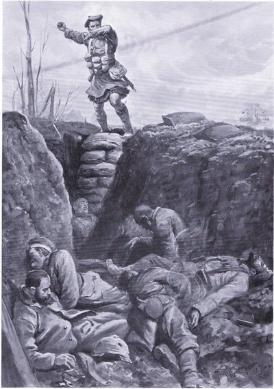 Brown közlegény (Gordon Highlander) egy barikád tetejéről bombázza az ellenséget egy német lövészárokban. (litho) alkotó: H. Ripperger
