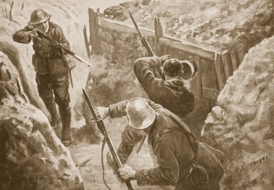 J. Hutchinson közlegény lelő két német őrszemet, amikor egy német lövészárok elleni támadást vezetett. alkotó: H. Ripperger
