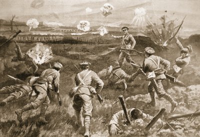 H. Wells őrmester a német drótakadályok felé vezet egy szakaszt, miután tisztje meghalt. alkotó: H. Ripperger