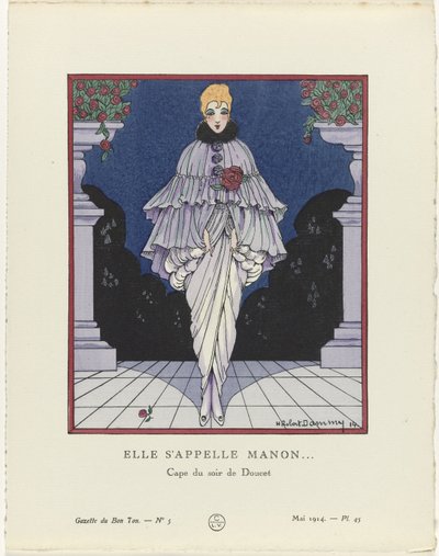 Gazette du Bon Ton, 1914 - No. 5, Pl. 45: Manonnak hívják (...) / Esti köpeny Doucettől (cím a tárgyon) alkotó: H. Robert Dammy
