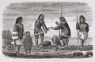 Tuski and Mahlemuts Trading for Oil, az "Alaska and its Resources"-ból, William H. Dall, metszette John Andrew, pub. 1870 alkotó: H. W., Elliot