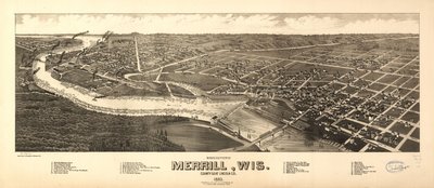 Merrill, Wis. megyeszékhelye, Lincoln Co. 1883, madártávlatból. LOC 75696715 alkotó: H. Wellge