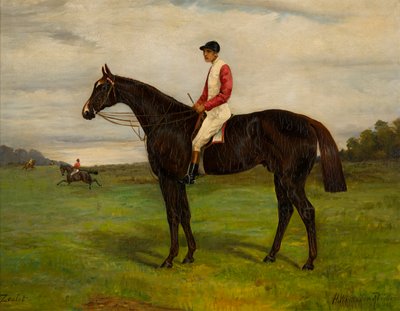 Zealot egy öbölbeli versenyló zsokéval, 1871-1933 körül (olaj, vászon) alkotó: H. Whittaker Reville