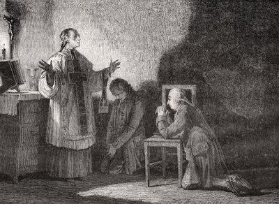 XVI. Lajos (1754-93) a kivégzése előtti imádságban alkotó: H. de la Charlerie