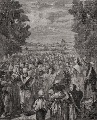 A nők menetelnek Versailles-ban, 1789. október 5-6., Pannemaker-Ligny metszete, Louis Blanc (1811-82) „Histoire de la Revolution Francaise” című művéből alkotó: H. de la Charlerie