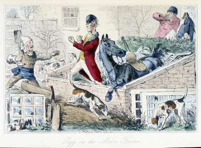 Harc egy gazda és egy vadász között. Angol karikatúra a rókavadászatról „Thomas Scott vagy Hawbuck Grange kalandjaiból”, illusztráció: H.K. Browne és W.T. Maud. alkotó: Hablot Knight Browne