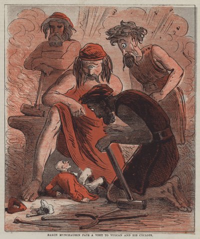 Münchausen báró látogatást tesz Vulkánnál és küklopszainál (színes litó) alkotó: after Hablot Knight Browne