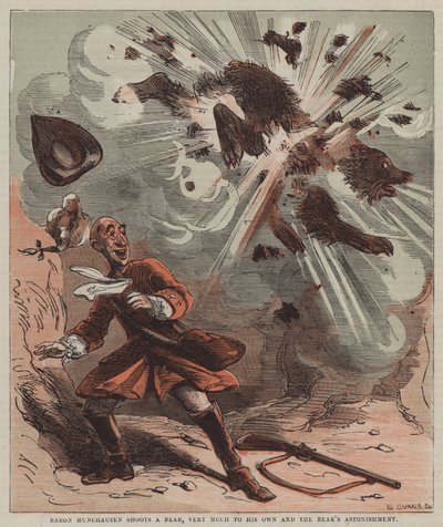 Münchausen báró lelő egy medvét, saját és a medve legnagyobb meglepetésére (színes litho) alkotó: after Hablot Knight Browne