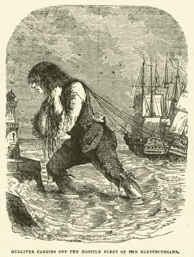 Gulliver elviszi a Blefuscudians ellenséges flottáját (metszet) alkotó: after Hablot Knight Browne