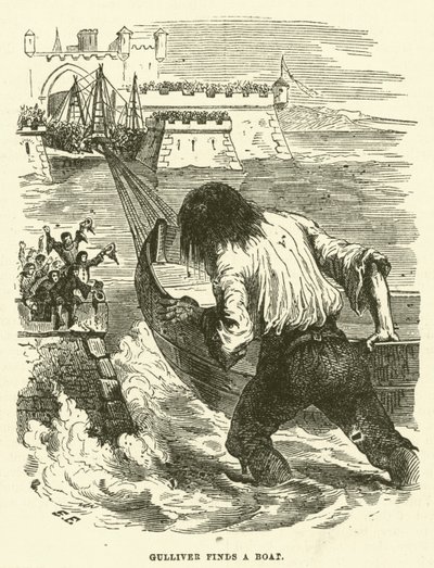 Gulliver egy csónakot talál (metszet) alkotó: after Hablot Knight Browne