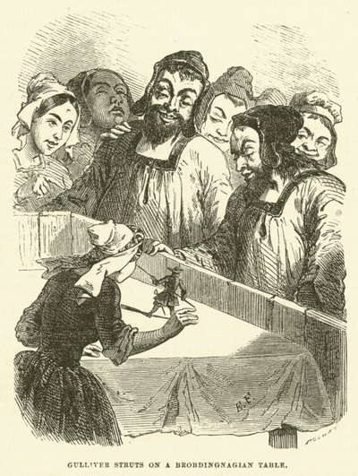 Gulliver támaszkodik egy Brobdingnagian asztalon (metszet) alkotó: after Hablot Knight Browne