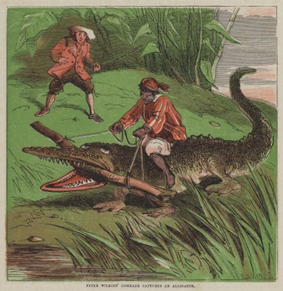Peter Wilkins bajtársa elfog egy aligátort (színes litho) alkotó: after Hablot Knight Browne