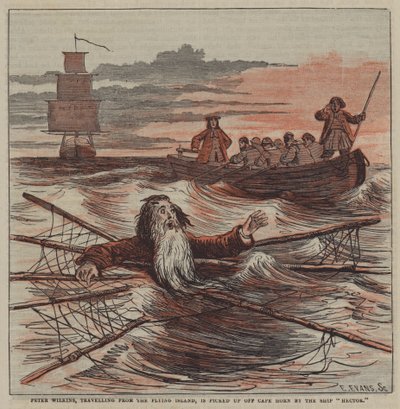 Peter Wilkinst, aki a Flying Islandről utazik, felveszi a Horn-fokról a "Hector" hajó (színes litho) alkotó: after Hablot Knight Browne