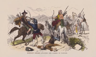 Robinson Crusoe-t megtámadták és kirabolták a tatárok (színes metszet) alkotó: after Hablot Knight Browne