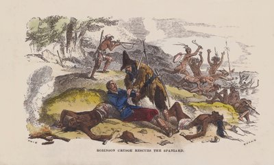 Robinson Crusoe megmenti a spanyolt (színes metszet) alkotó: after Hablot Knight Browne