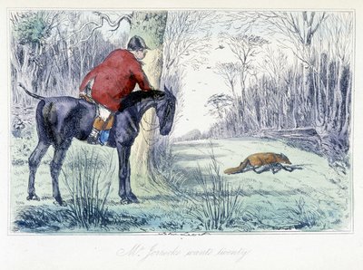 Lóháton vadászó jelenet. Angol rajzfilm a rókavadászatról a „Thomas Scott vagy Hawbuck Grange kalandjai” című illusztrációjából, H.K. Browne és W.T. Maud. alkotó: Hablot Knight Browne