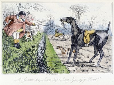 Lóháton vadászó jelenet. Angol rajzfilm a rókavadászatról Thomas Scott vagy Hawbuck Grange „” kalandjaiból”, illusztráció: H.K. Browne és W.T. Maud. alkotó: Hablot Knight Browne