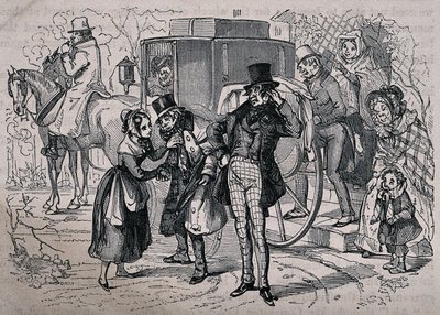 Egy fiatal nő gondoskodik egy betegnek tűnő férfiról, miközben a házból kijövő emberek beszállnak a kocsiba. Gray által H.K. Browne műve alapján készített fametszet. alkotó: Hablot Knight Browne