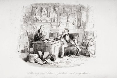 Ügyvéd és ügyfél, lelkierő és türelmetlenség, illusztráció Charles Dickens (1812-70) „Bleak House” című művéből, 1853-ban (litho) alkotó: Hablot Knight Browne