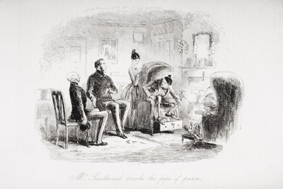 Mr. Smallweed megtöri a béke csövét, Charles Dickens (1812-70) „Bleak House” című illusztrációja, 1853-ban megjelent alkotó: Hablot Knight Browne
