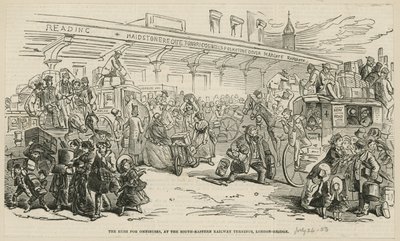 Rohanás az omnibuszokért a délkeleti vasúti végállomáson, a London Bridge-en alkotó: Hablot Knight Browne