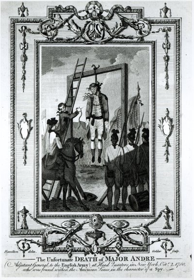 Andre őrnagy, az angol hadsereg vezérkari adjutánsának szerencsétlen halála a New York-i főhadiszálláson, 1780. október 2-án, metszet: John Goldar (1729-1795) alkotó: Hamilton