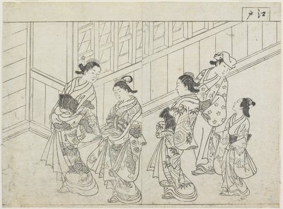 Öt prostituált egy ház előtt, 1770-es évek eleje (fanyomat) alkotó: Hanabusa Shigenobu