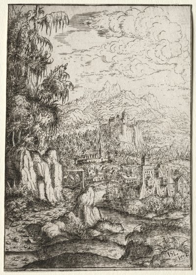 Táj egy kastélyhoz vezető úton egy folyó szigetén, 1554. alkotó: Hanns Sebald Lautensack