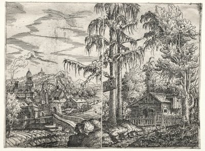 Táj a várossal a folyón és a kunyhóval a fák között, 1551. alkotó: Hanns Sebald Lautensack