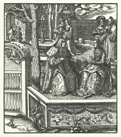Maximilian osztrák főherceg és felesége, burgundi Mária egymás nyelvét tanítják (metszet) alkotó: Hans (after) Burgkmair