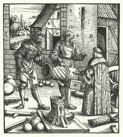Maximilian osztrák főherceg fegyverkovácsoknak ad tanácsot (metszet) alkotó: Hans (after) Burgkmair