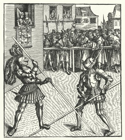 Maximilian osztrák főherceg gyalog harcol lándzsával (metszet) alkotó: Hans (after) Burgkmair