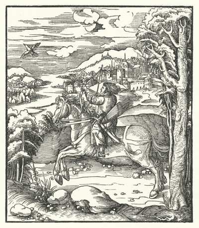 Maximilian osztrák főherceg lóháton vadászik (metszet) alkotó: Hans (after) Burgkmair