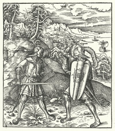 Maximilian osztrák főherceg páncélban, karddal harcolva (metszet) alkotó: Hans (after) Burgkmair