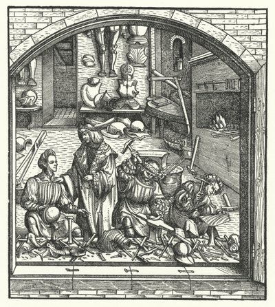 Maximilian osztrák főherceg meglátogat egy páncélost (metszet) alkotó: Hans (after) Burgkmair