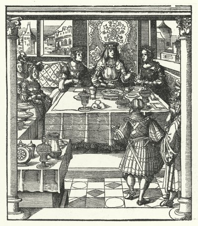 Maximilian osztrák főherceg meglátogatja leendő feleségét, Burgundi Máriát és édesanyját, Bourbon Izabellát (metszet) alkotó: Hans (after) Burgkmair