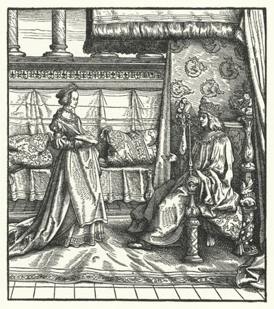 Merész Károly, Burgundia hercege lányával, Máriával, aki később 1477-ben feleségül vette I. Maximilianus leendő szent-római császárt (metszet) alkotó: Hans (after) Burgkmair