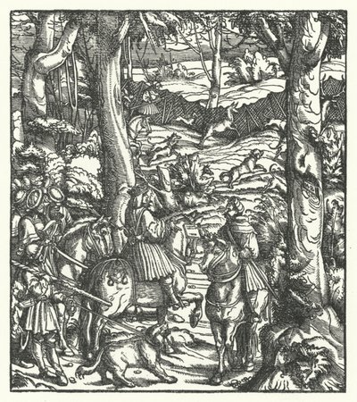 I. Maximilián, a rómaiak királya, vadászat közben üzenetet kap (metszet) alkotó: Hans (after) Burgkmair