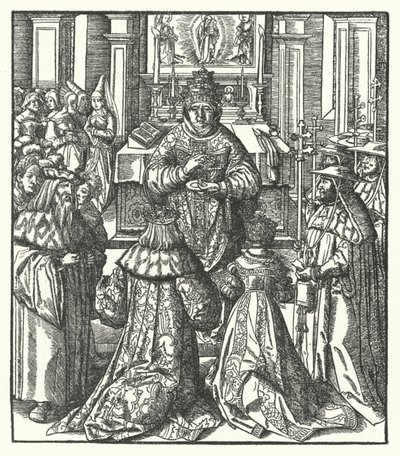 III. Frigyes római császár és Eleanor császárné szentáldozást fogad a pápától (metszet) alkotó: Hans (after) Burgkmair
