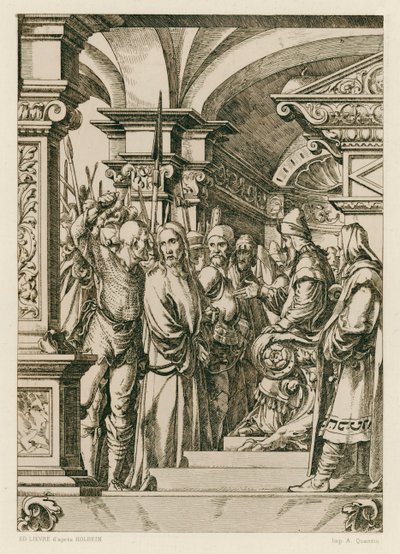 Jézus Krisztus Kajafás előtt (metszet) alkotó: Hans (after) Holbein the Younger