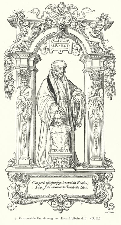 Desiderius Erasmus holland reneszánsz humanista tudós portréja díszkerettel (metszet) alkotó: Hans (after) Holbein the Younger