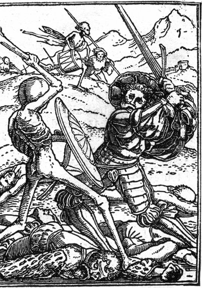 Hans Holbein the Young (1497-1543): a katona álhalála. Egy katona harcol a halállal; lábuknál más harcosok testei hevernek. Metszés. alkotó: Hans (after) Holbein the Younger