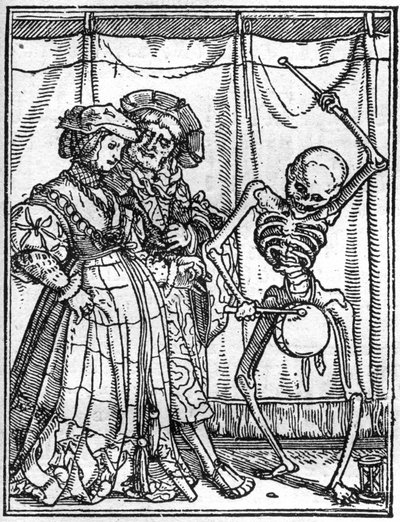Ifjabb Hans Holbein (1497-1543) halálának szimulákonjai: a férjek. A halál dob egy pár előtt. Metszés. alkotó: Hans (after) Holbein the Younger