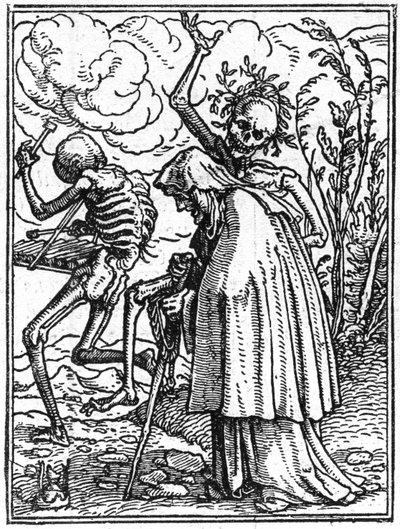 Ifjabb Hans Holbein (1497-1543) halálának szimulákonjai: a régi. A halál elkísér egy idős hölgyet a sorsába. Metszés. alkotó: Hans (after) Holbein the Younger