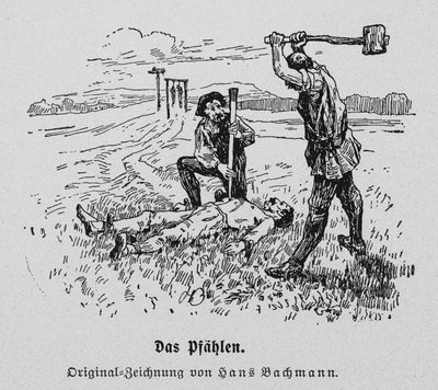 Kivégzés karóba húzással (metszet) alkotó: Hans Bachmann