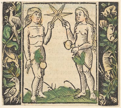 Ádám és Éva csillagot tartva, illusztráció a Decided Gart des Rosary Mariae-ból. alkotó: Hans Baldung
