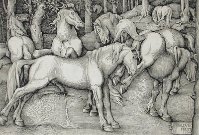 Mén és rúgó kanca vadlovak csoportjában az erdőben alkotó: Hans Baldung Grien