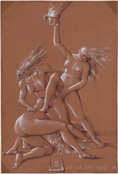 Újévi üdvözlet három boszorkánnyal – Hans Baldung (1484-1545) festménye és fehér krétája papíron alkotó: Hans Baldung Grien