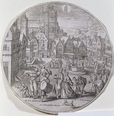 Január, a bergeni piactéren a Tizenkettedik Éjszakát ünneplő polgárok egy tizenkét „Az év hónapja” sorozatból, amelyet Adriaen Collaert (1560-1618) vésett alkotó: Hans Bol